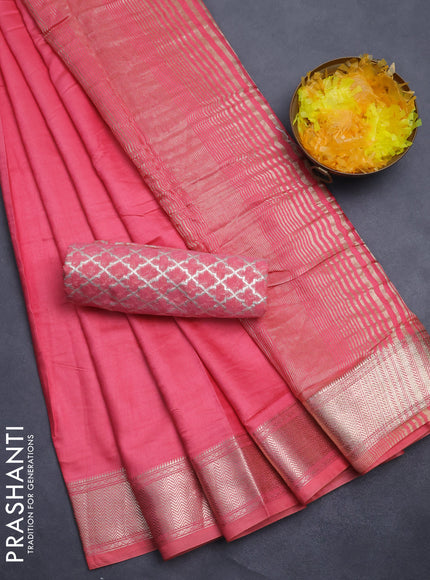 Semi mangalgiri saree peach pink with plain body and zari woven border