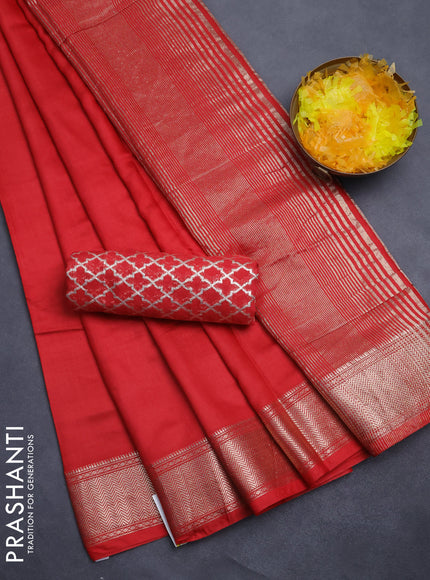 Semi mangalgiri saree red with plain body and zari woven border