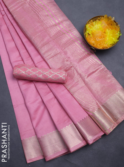 Semi mangalgiri saree pastel pink with plain body and zari woven border