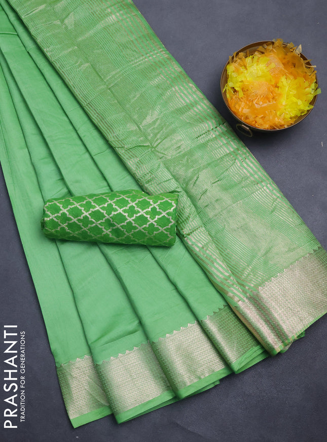 Semi mangalgiri saree light green with plain body and zari woven border