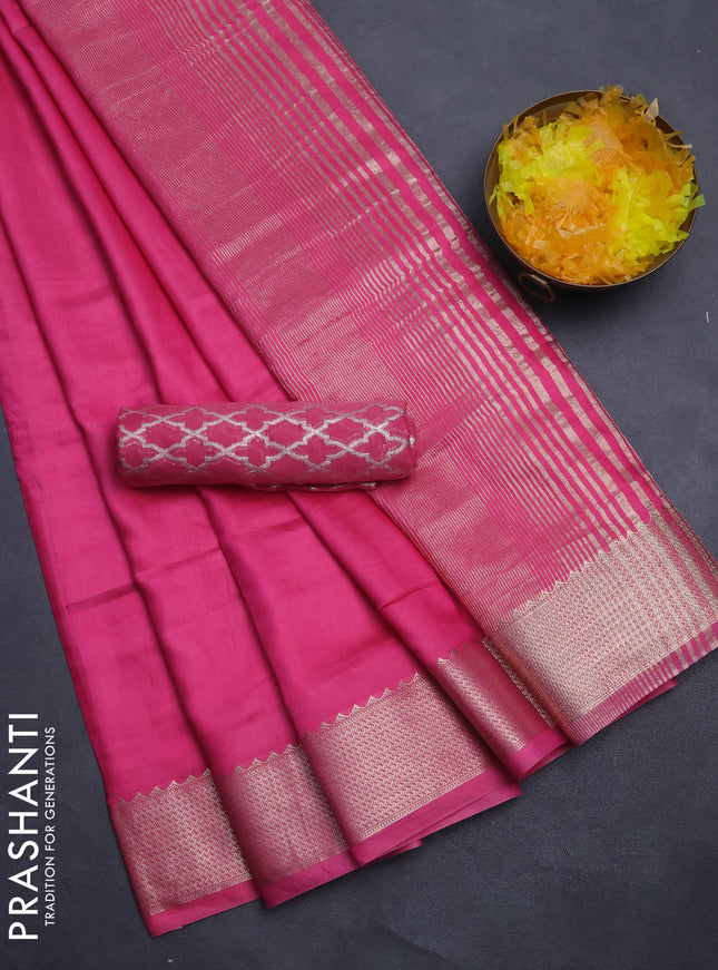 Semi mangalgiri saree pink with plain body and zari woven border