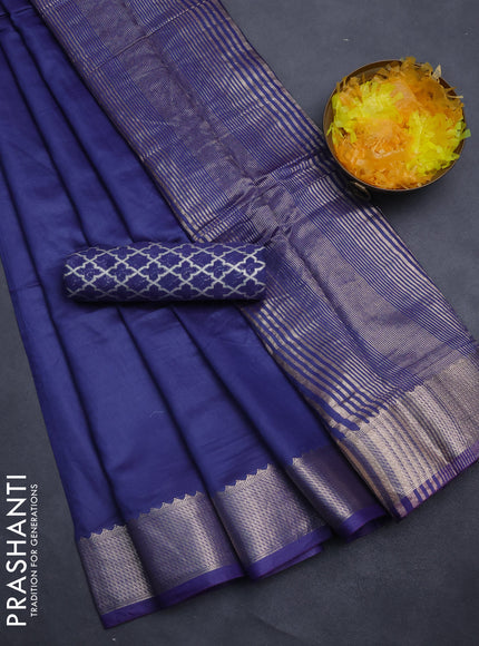 Semi mangalgiri saree blue with plain body and zari woven border