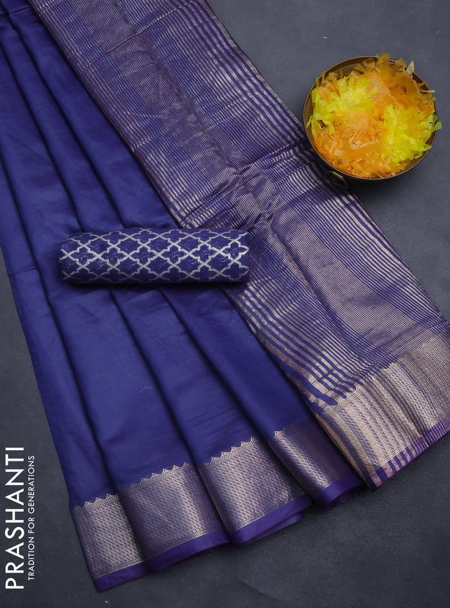 Semi mangalgiri saree blue with plain body and zari woven border