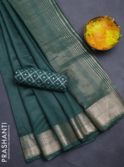 Semi mangalgiri saree peacock green with plain body and zari woven border