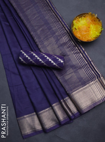 Semi mangalgiri saree dark blue with plain body and zari woven border