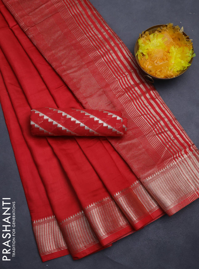 Semi mangalgiri saree red with plain body and zari woven border