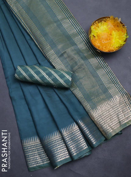 Semi mangalgiri saree peacock green with plain body and zari woven border