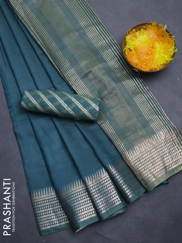 Semi mangalgiri saree peacock green with plain body and zari woven border