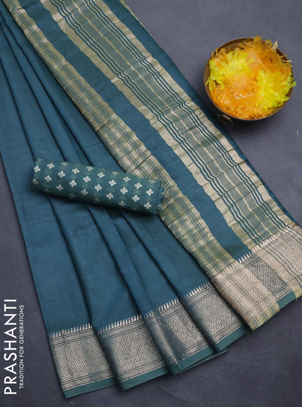 Semi mangalgiri saree peacock green with plain body and zari woven border