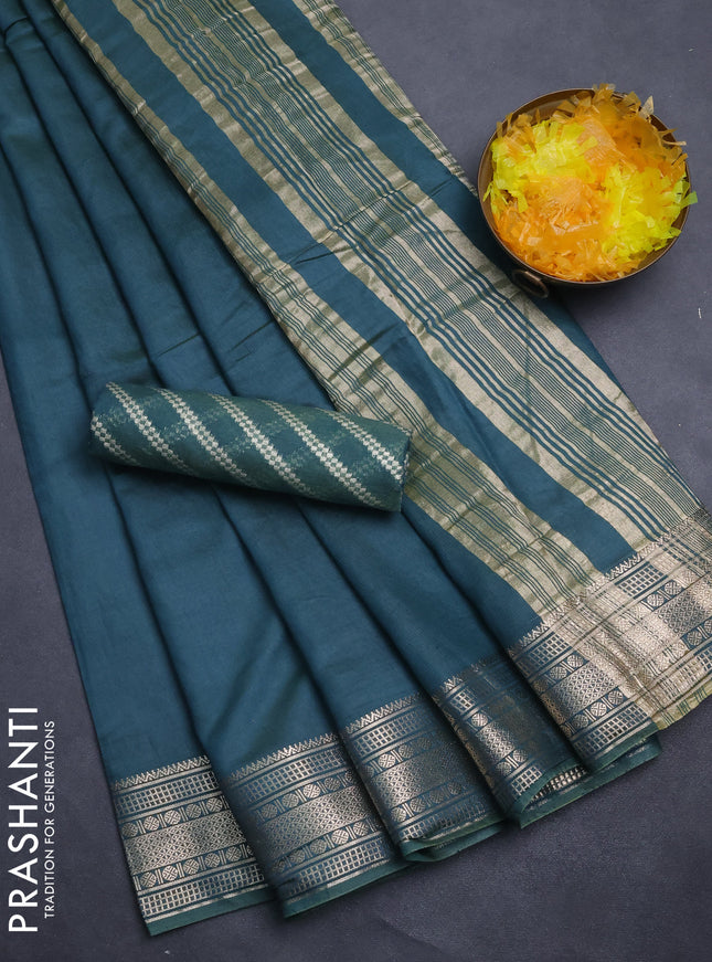 Semi mangalgiri saree peacock green with plain body and zari woven border