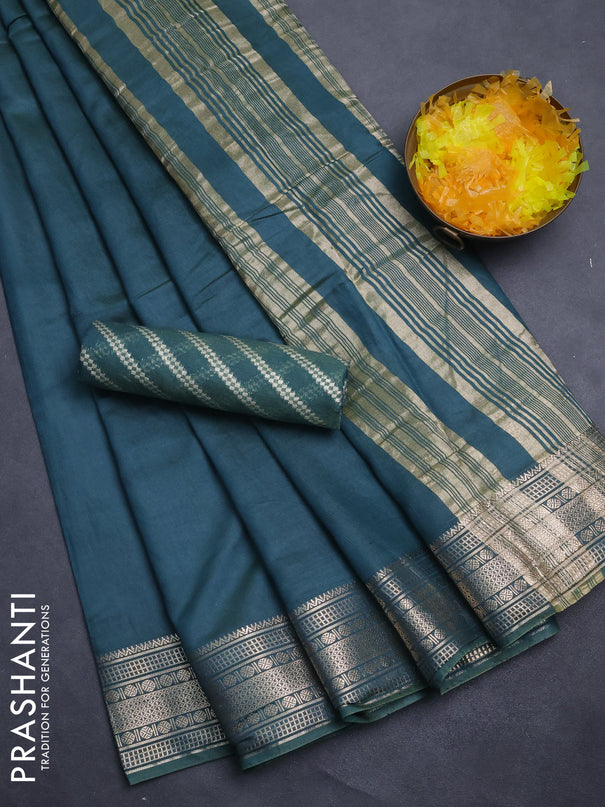 Semi mangalgiri saree peacock green with plain body and zari woven border