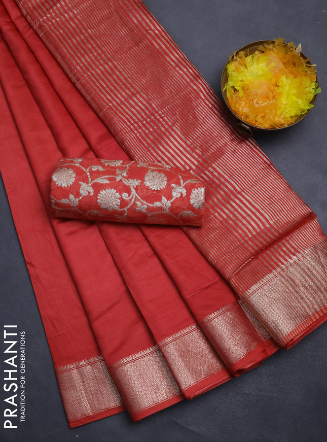 Semi mangalgiri saree red shade with plain body and zari woven border