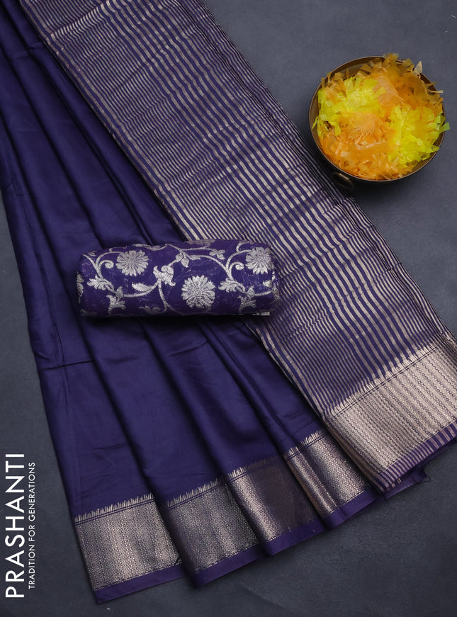 Semi mangalgiri saree navy blue with plain body and zari woven border