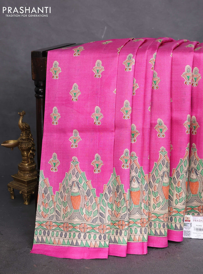 Tussar madhubani printed silk saree pink and cream with butta prints and printed border