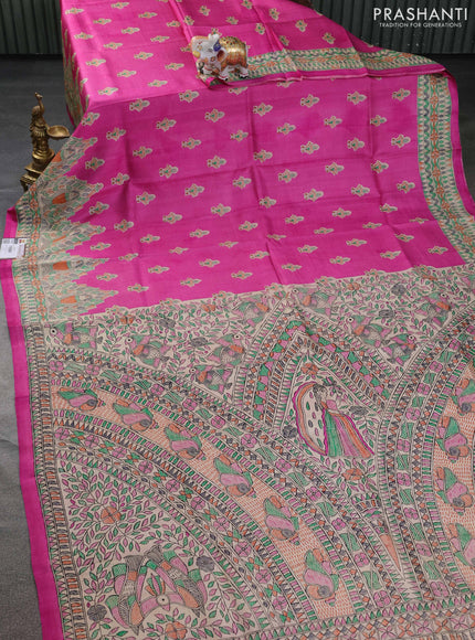 Tussar madhubani printed silk saree pink and cream with butta prints and printed border