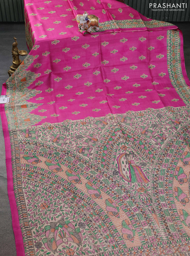Tussar madhubani printed silk saree pink and cream with butta prints and printed border