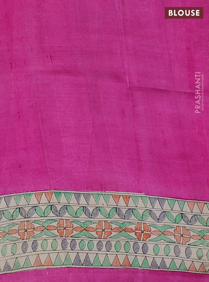 Tussar madhubani printed silk saree pink and cream with butta prints and printed border