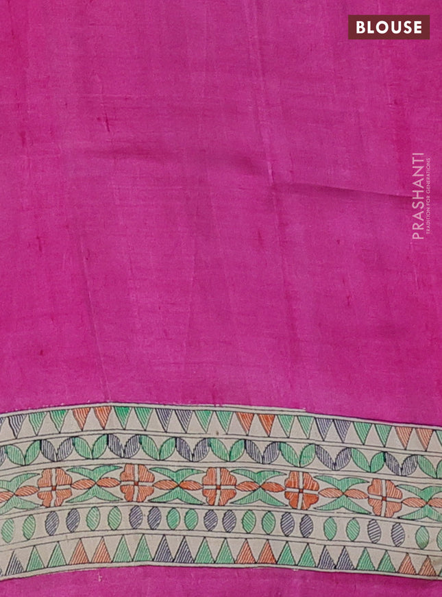 Tussar madhubani printed silk saree pink and cream with butta prints and printed border