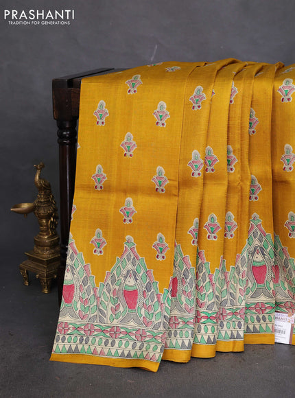 Tussar madhubani printed silk saree mustard yellow and cream with butta prints and printed border