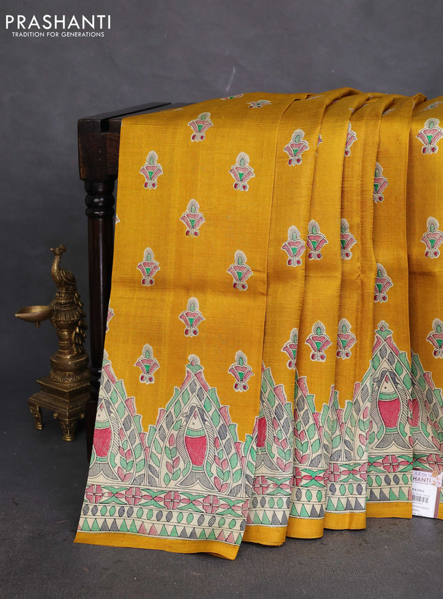 Tussar madhubani printed silk saree mustard yellow and cream with butta prints and printed border
