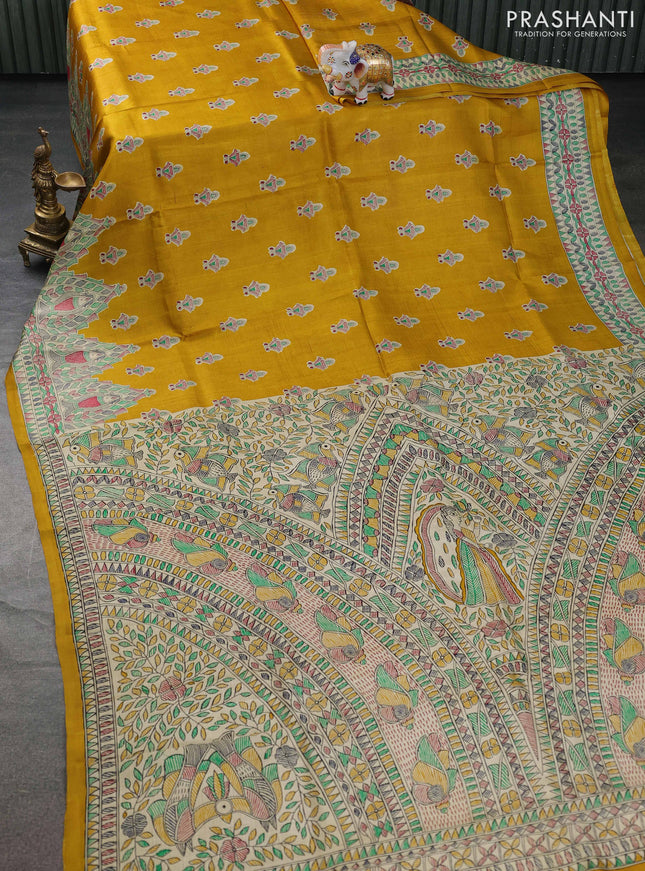 Tussar madhubani printed silk saree mustard yellow and cream with butta prints and printed border