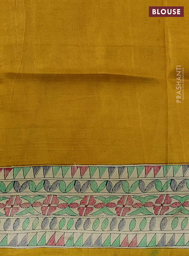 Tussar madhubani printed silk saree mustard yellow and cream with butta prints and printed border