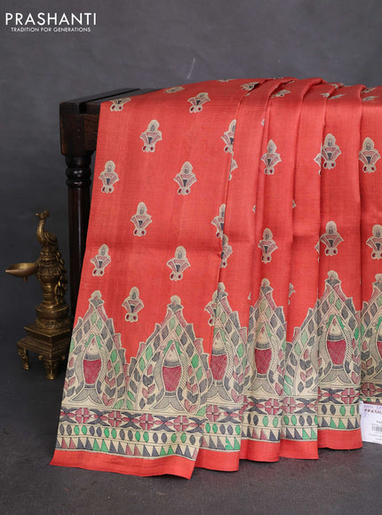 Tussar madhubani printed silk saree rustic orange and cream with butta prints and printed border