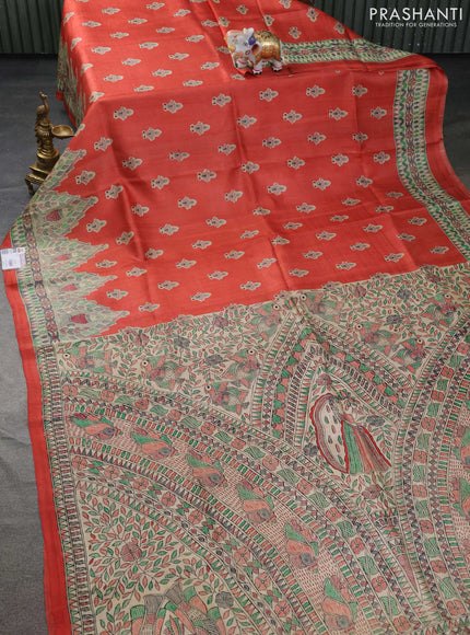 Tussar madhubani printed silk saree rustic orange and cream with butta prints and printed border