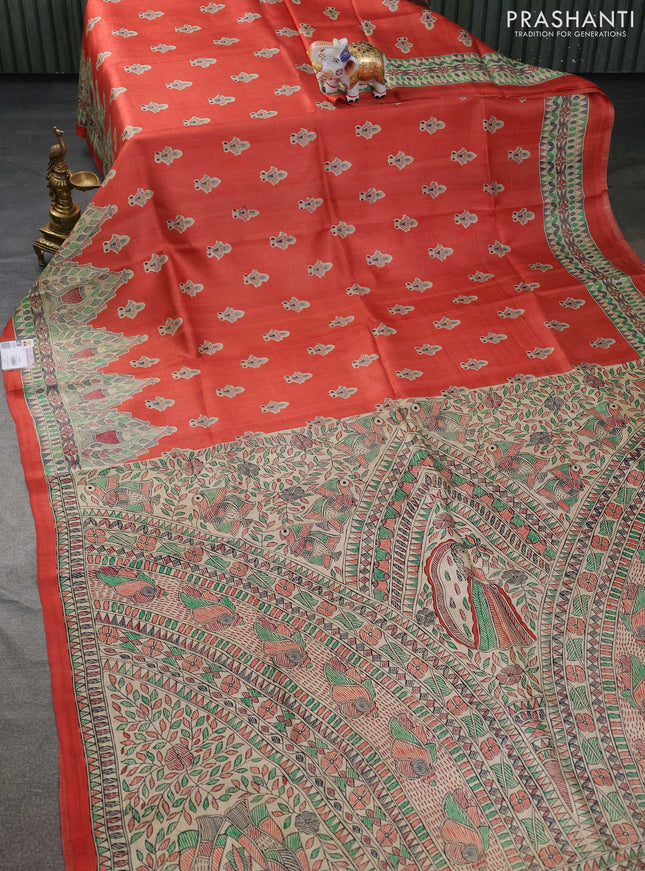 Tussar madhubani printed silk saree rustic orange and cream with butta prints and printed border