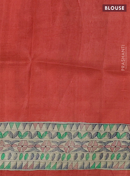 Tussar madhubani printed silk saree rustic orange and cream with butta prints and printed border