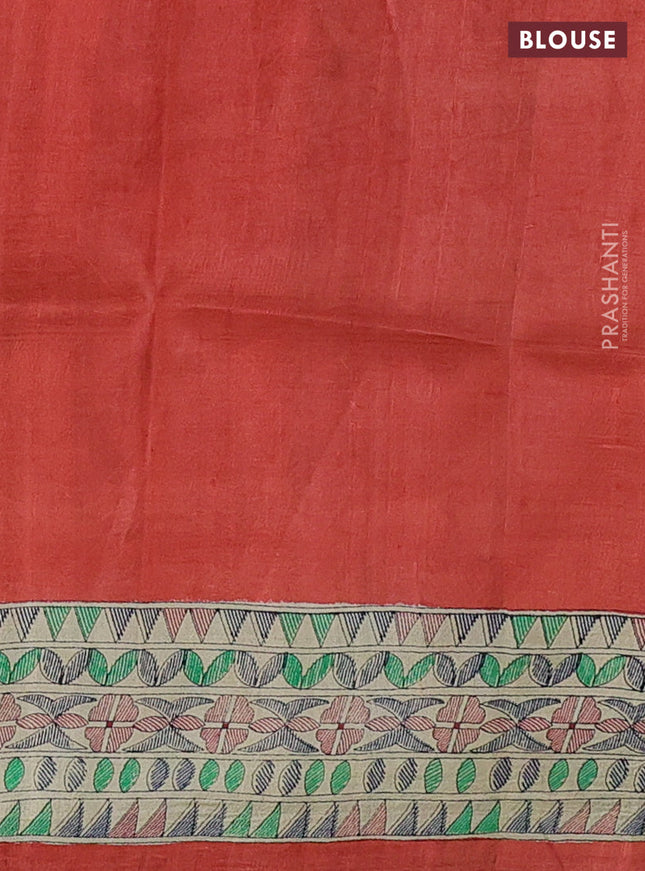 Tussar madhubani printed silk saree rustic orange and cream with butta prints and printed border
