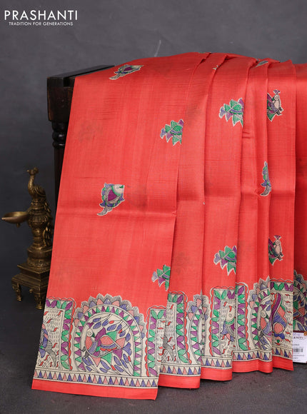 Tussar madhubani printed silk saree orange and cream with butta prints and printed border
