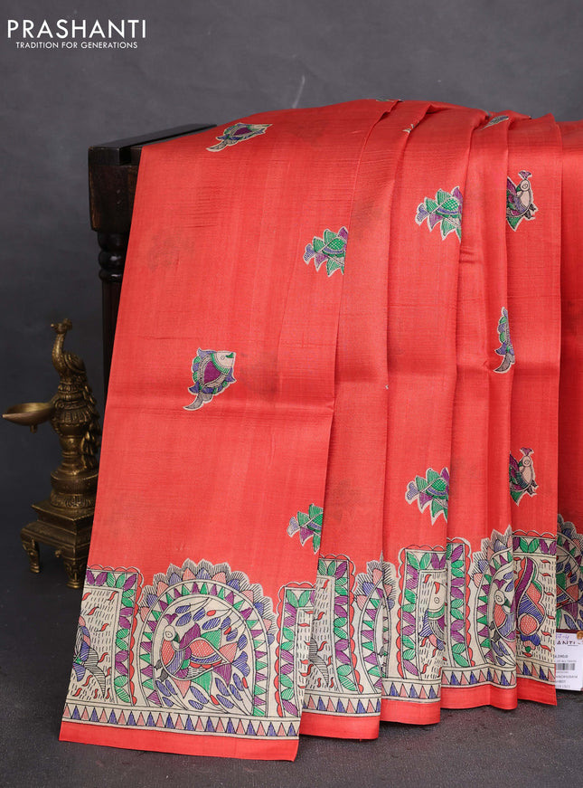 Tussar madhubani printed silk saree orange and cream with butta prints and printed border