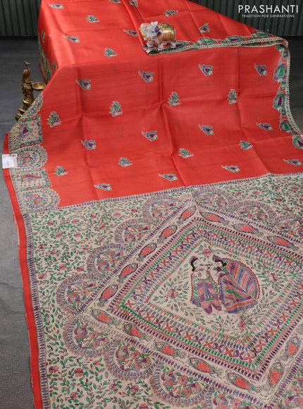 Tussar madhubani printed silk saree orange and cream with butta prints and printed border