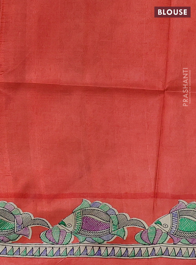 Tussar madhubani printed silk saree orange and cream with butta prints and printed border