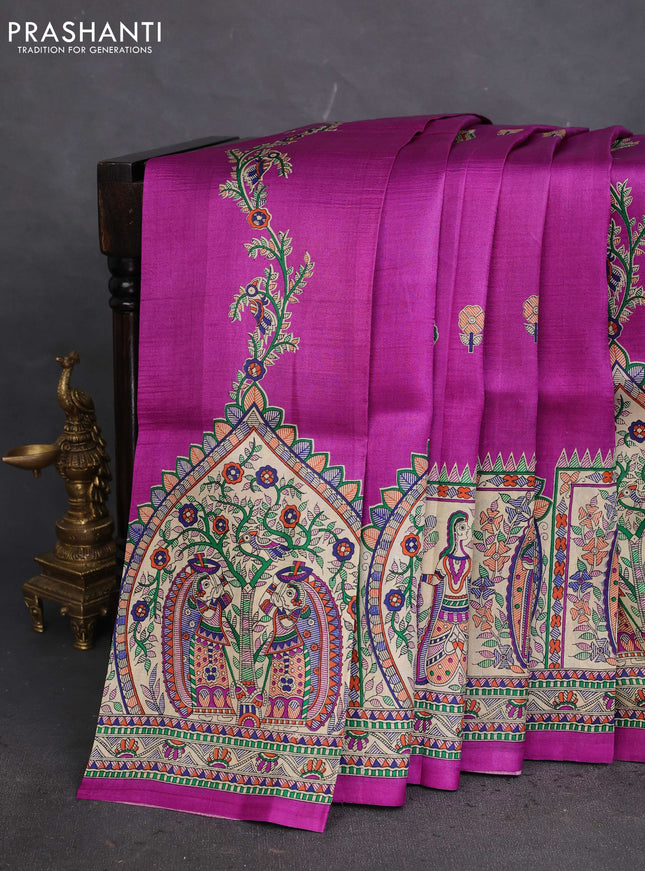 Tussar madhubani printed silk saree purple and cream with allover prints and piping border