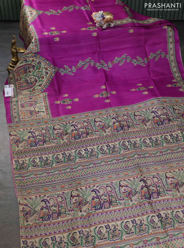 Tussar madhubani printed silk saree purple and cream with allover prints and piping border