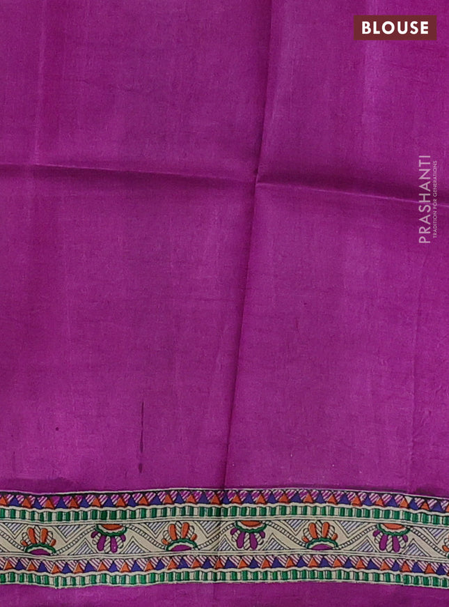 Tussar madhubani printed silk saree purple and cream with allover prints and piping border