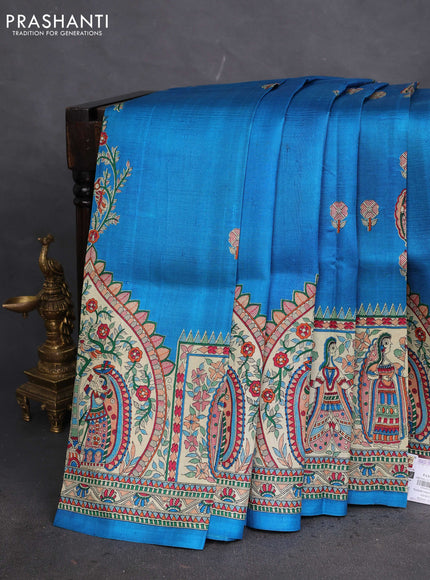 Tussar madhubani printed silk saree cs blue and cream with allover prints and piping border