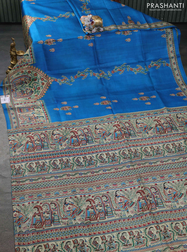 Tussar madhubani printed silk saree cs blue and cream with allover prints and piping border