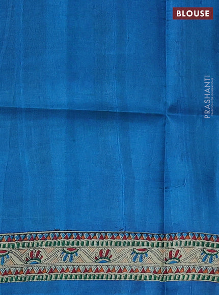 Tussar madhubani printed silk saree cs blue and cream with allover prints and piping border