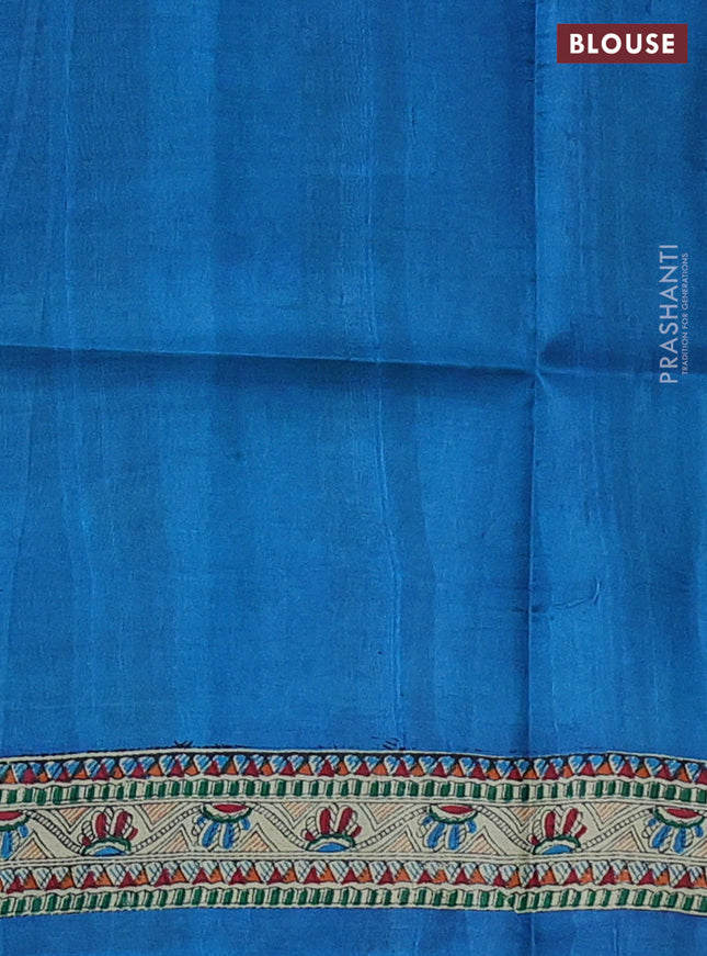 Tussar madhubani printed silk saree cs blue and cream with allover prints and piping border