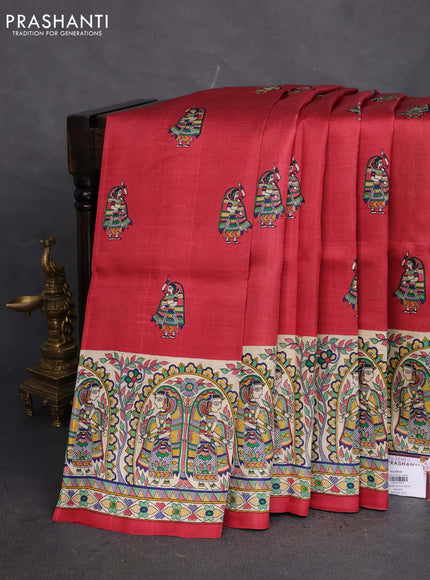 Tussar madhubani printed silk saree maroon and cream with butta prints and piping border