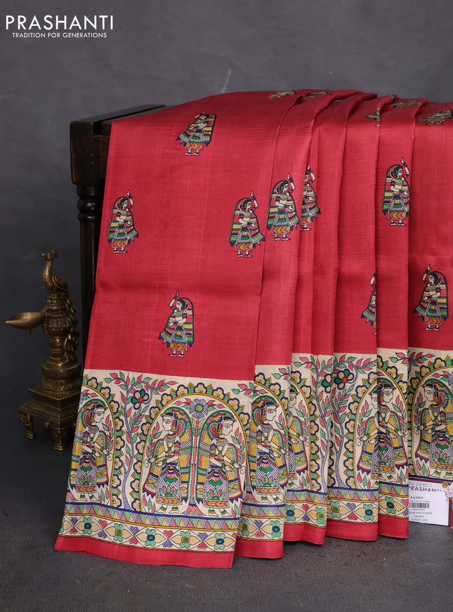 Tussar madhubani printed silk saree maroon and cream with butta prints and piping border