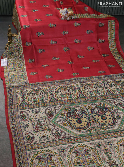 Tussar madhubani printed silk saree maroon and cream with butta prints and piping border