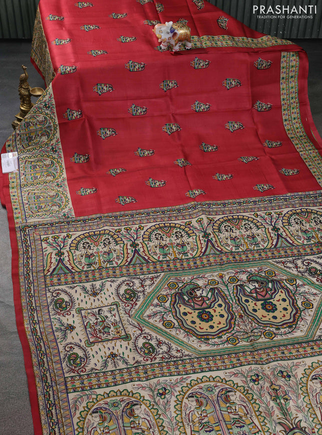 Tussar madhubani printed silk saree maroon and cream with butta prints and piping border