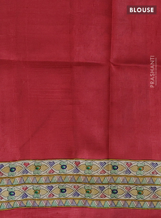 Tussar madhubani printed silk saree maroon and cream with butta prints and piping border