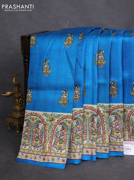 Tussar madhubani printed silk saree cs blue and cream with butta prints and piping border