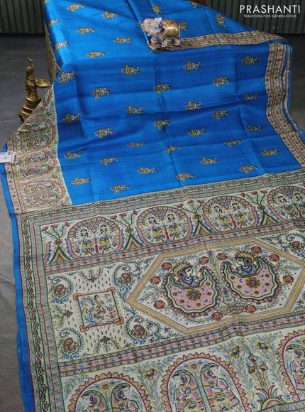 Tussar madhubani printed silk saree cs blue and cream with butta prints and piping border