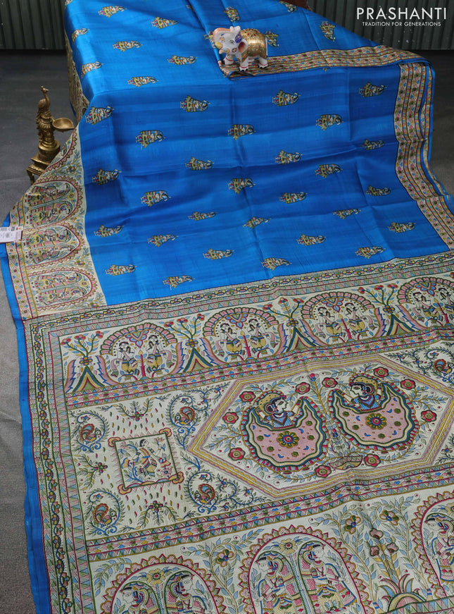 Tussar madhubani printed silk saree cs blue and cream with butta prints and piping border